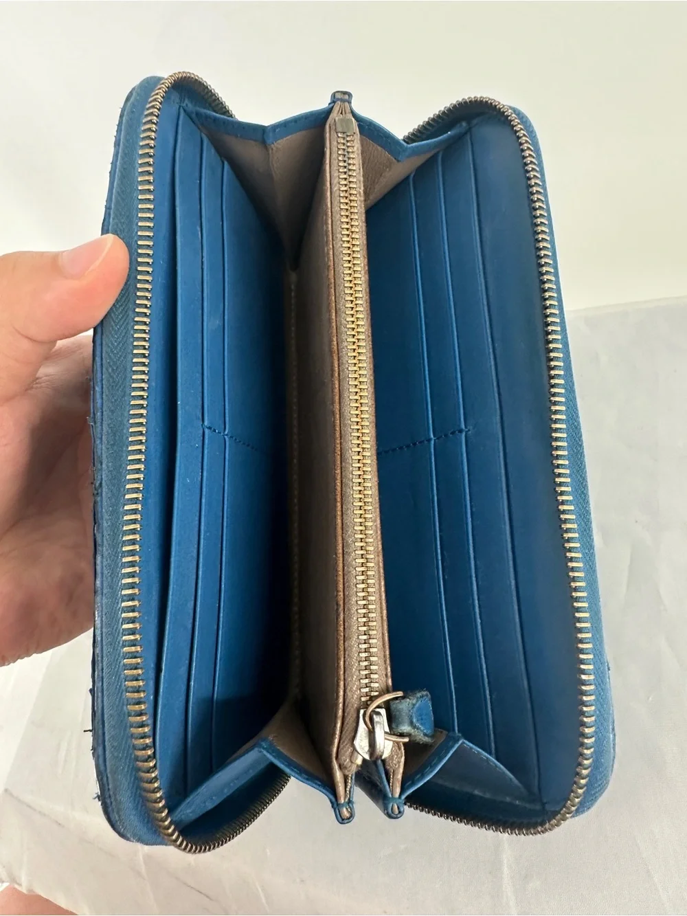 Bottega Veneta blue woven intrecciato long zip wallet